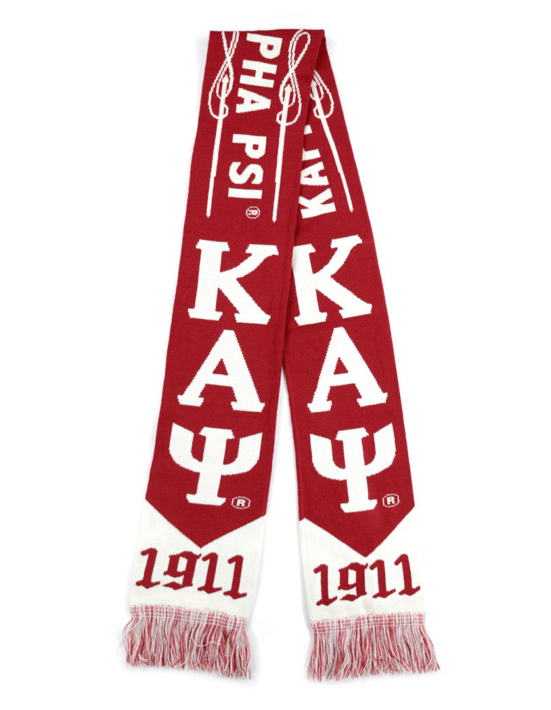 Red and white scarf with Kappa Kappa Alpha Psi letters and year 1911 on a white background